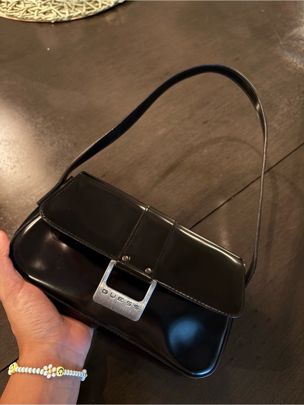 Guess Black Patent Shoulder Bag with Silver Logo Buckle